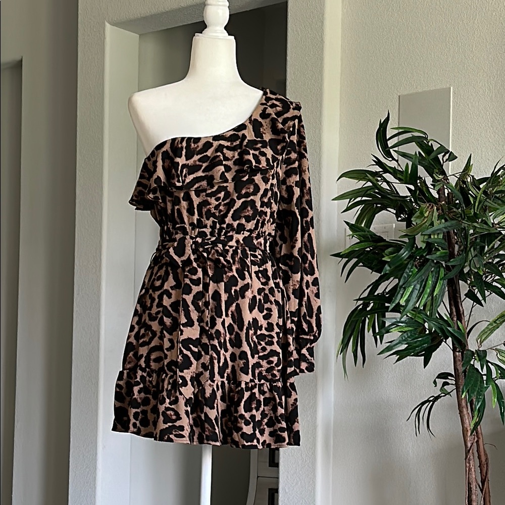 Leopard Print One Shoulder Dress